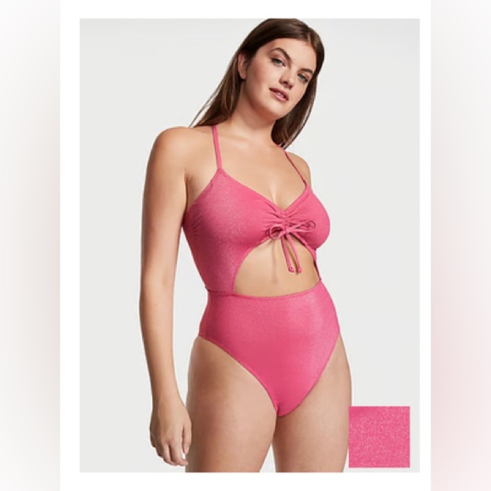 NWT Victoria's Secret Swim Ruched Shine Cutout One-Piece Swimsuit MEDIUM Pink
